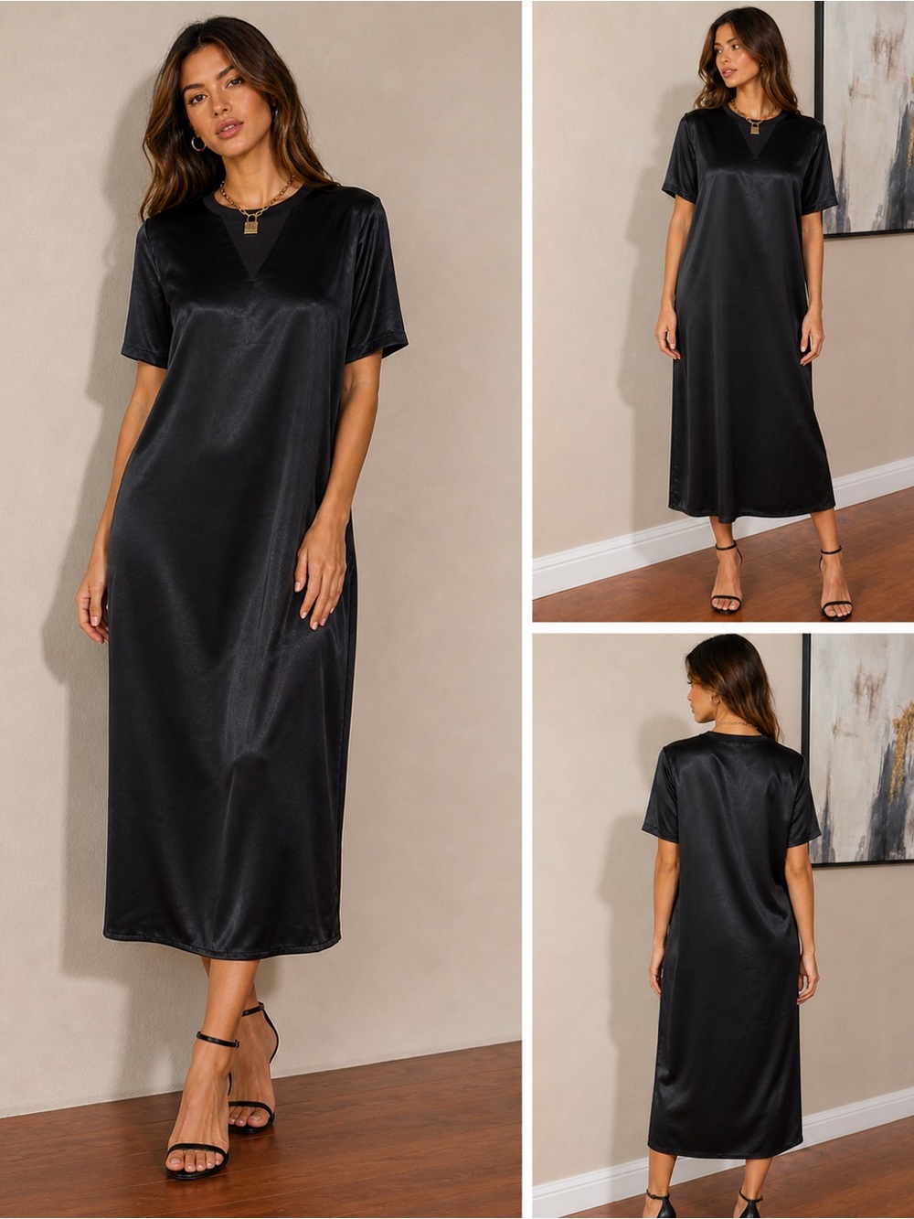 Satin Black Short-Sleeve Midi Dress